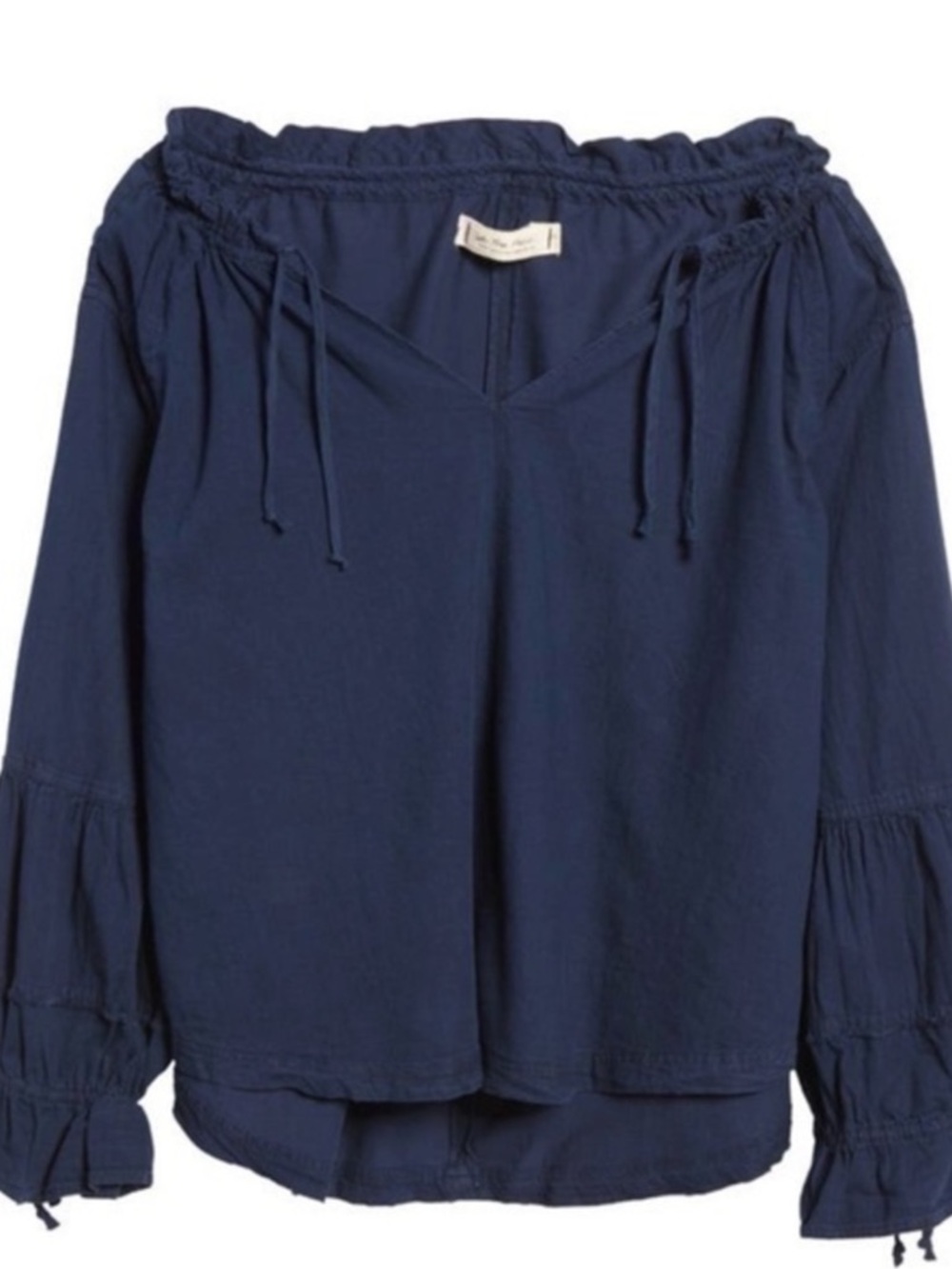 Free People Tie Neck Top Navy Long-Sleeve Ruffle Peasant Size Medium - Picture 5 of 7